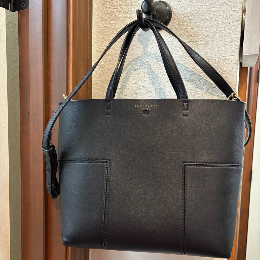Tory Burch Black Leather Tote w/ matching crossbody strap